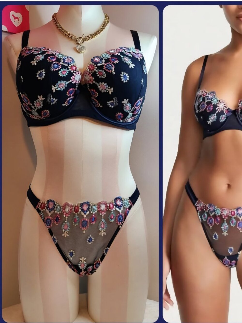 Victoria's Secret Bejeweled Embroidery Bra/ Panty Set Size 36E/med Navy Multi